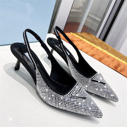 Women's Triangle  Pointed Rhinestone Cat Heel Sandals