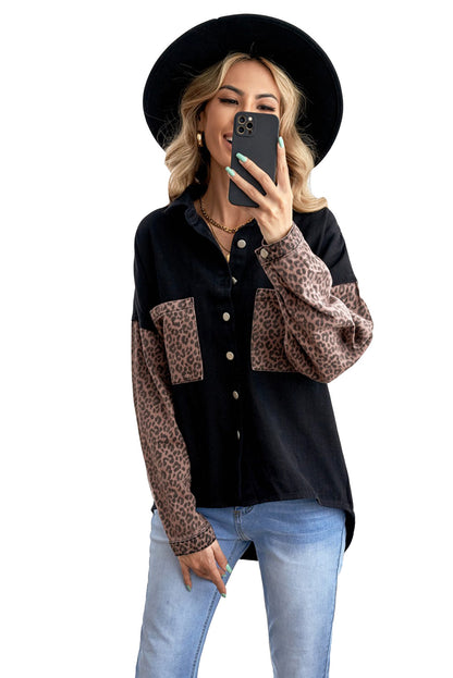 Black Contrast Leopard Denim Jacket