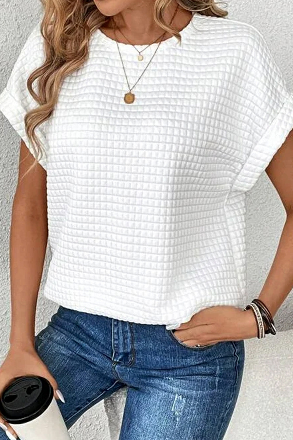 White Textured Batwing Sleeve Plain Blouse