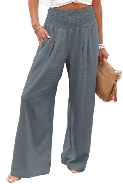 Khaki Smocked Wide Waistband High Waist Wide Leg Pants