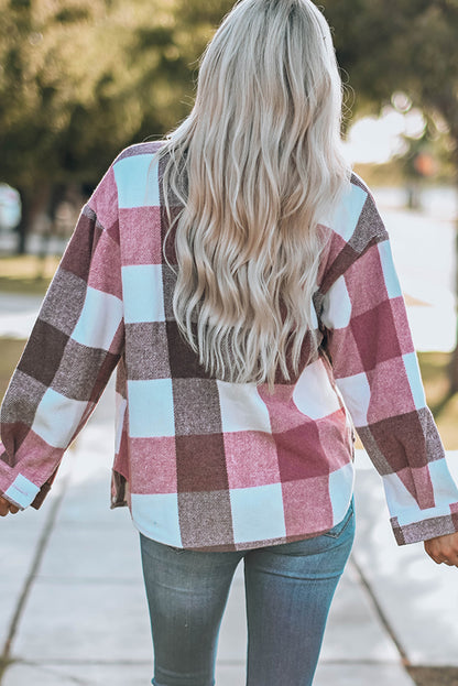 Veste kaki à carreaux color block boutonnée à manches longues avec poche