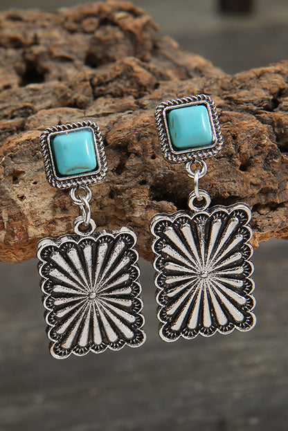 Silvery Retro Geometric Turquoise Dropping Earrings