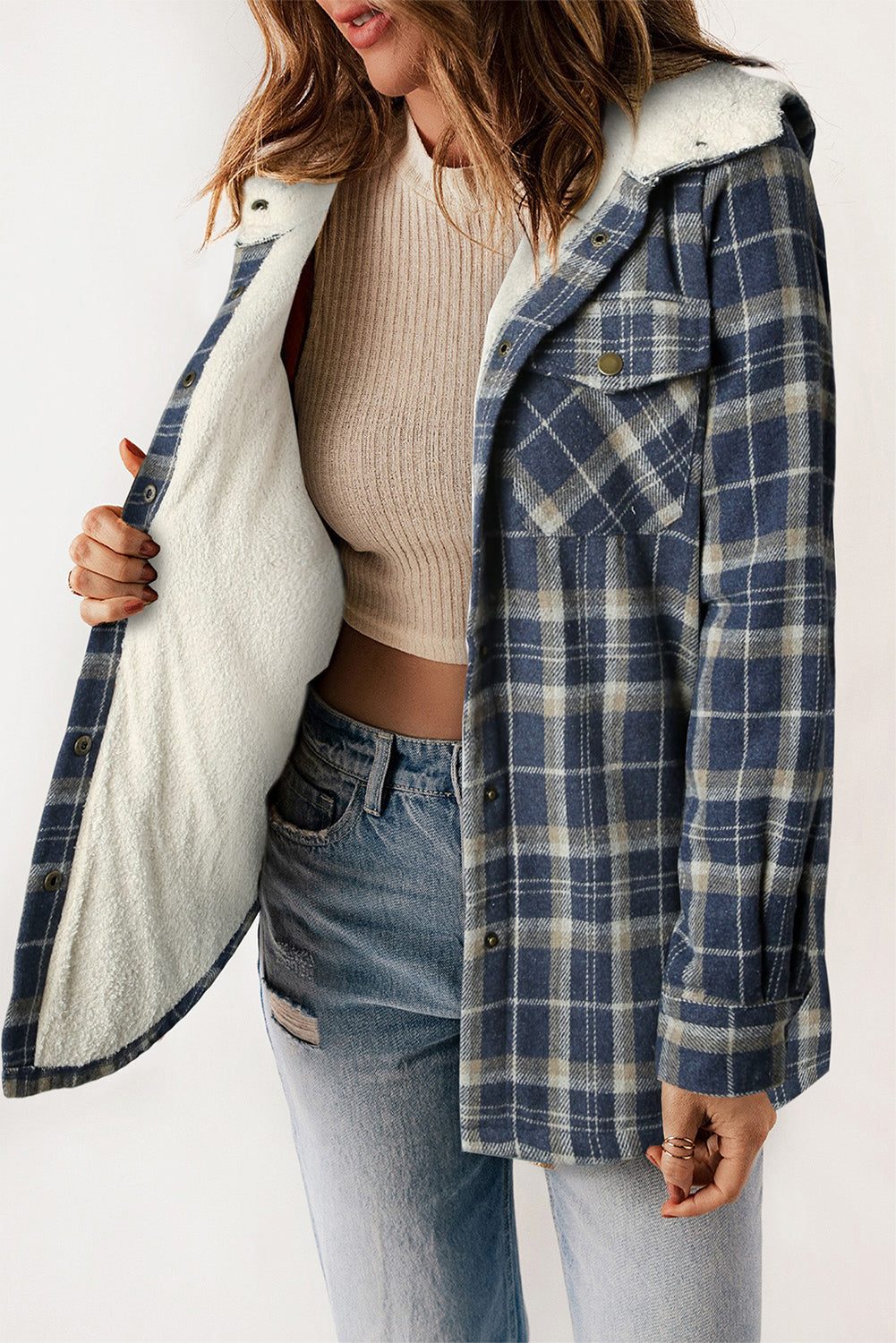 Plaid Pattern Sherpa Lined Hooded Shacket