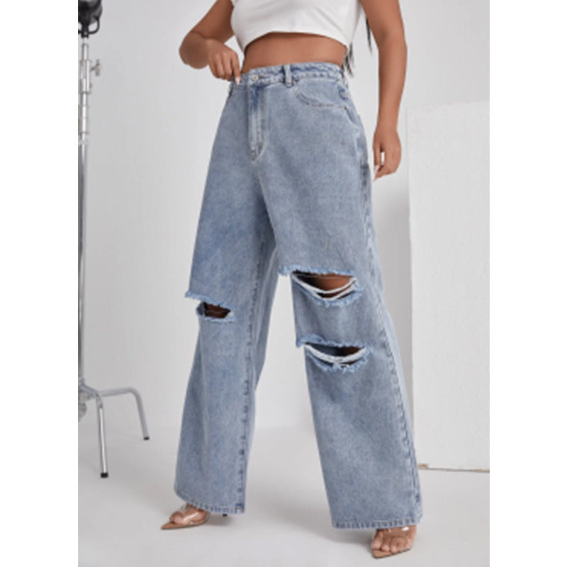 Pantalon droit en denim avec trou taille haute pour femme