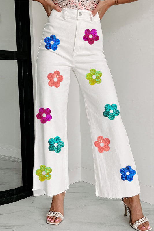 Jeans évasés à fleurs blanches, taille haute, paillettes colorées, années 60, vente en gros