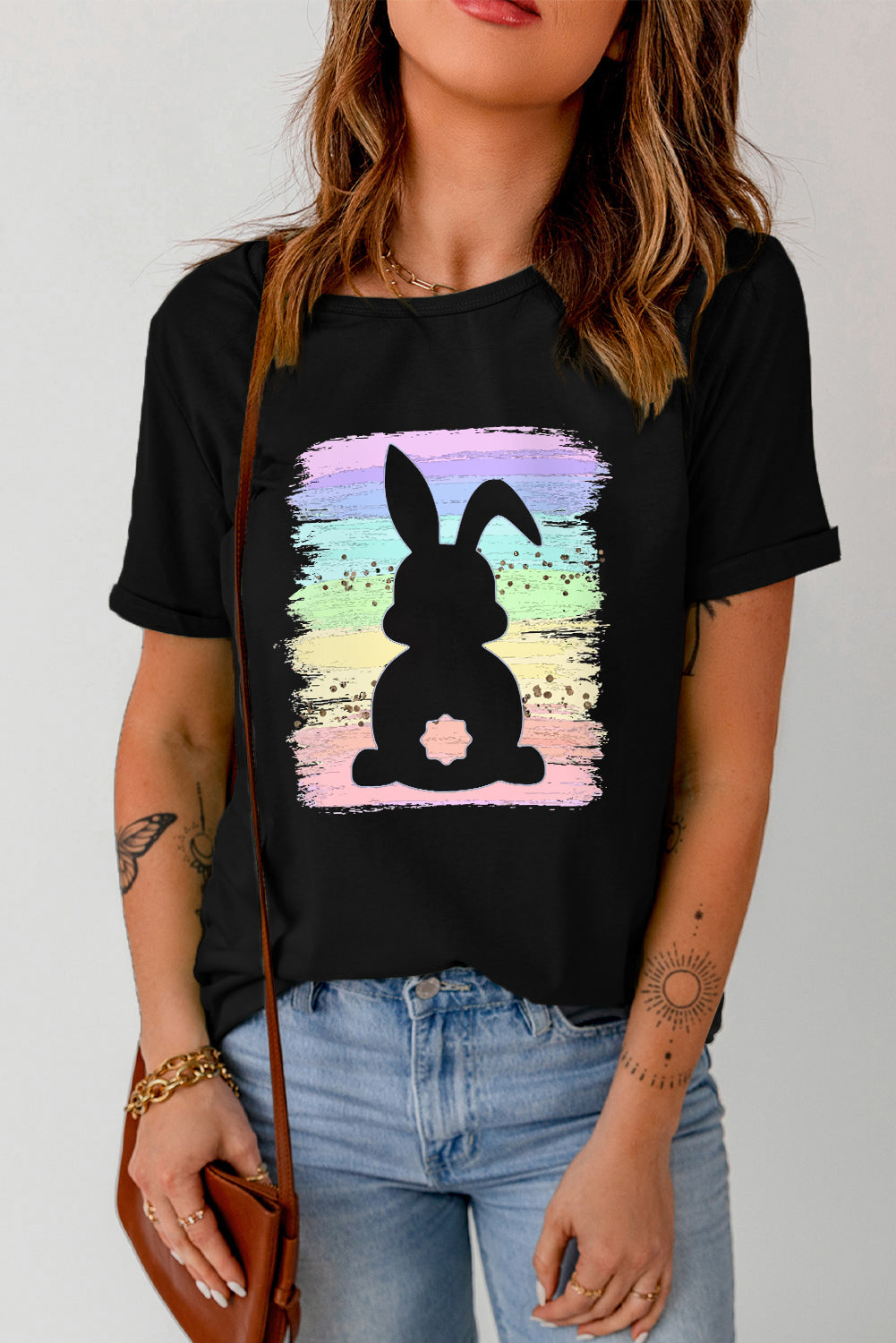 Black Easter Rainbow Splash Rabbit Graphic Tee