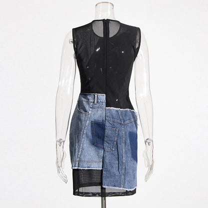 Women's Round Neck Sleeveless Denim Stitching Mesh Zipper Dress