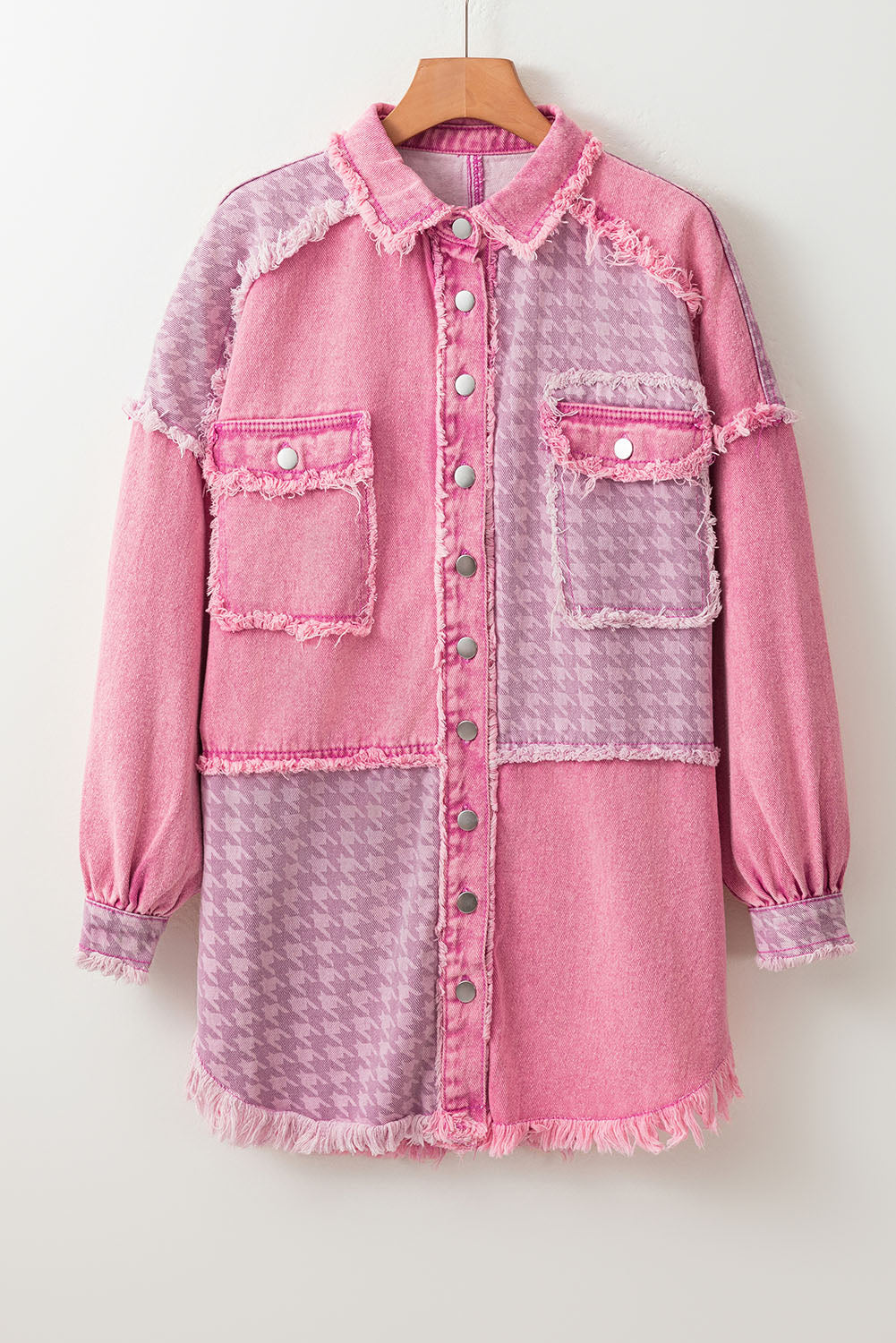 Pink Retro Distressed Houndstooth Patchwork Denim Jacket