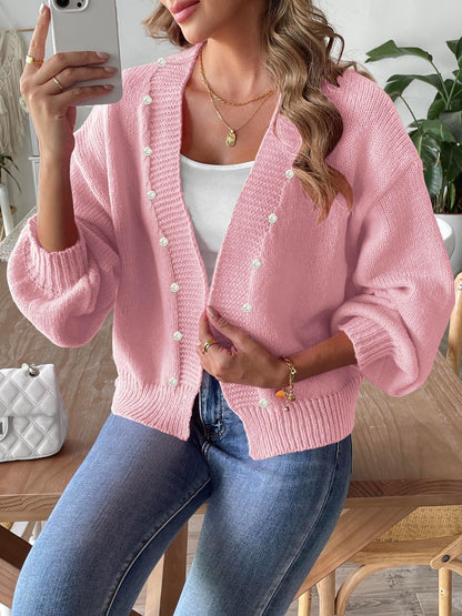 Women's Short Pearl Beaded Cardigan Loose Buckle-free Sweater Coat