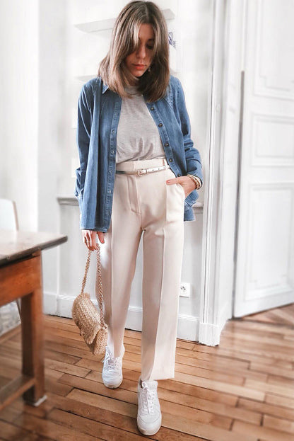 Veste chemise en jean boutonnée à manches longues bleu ciel