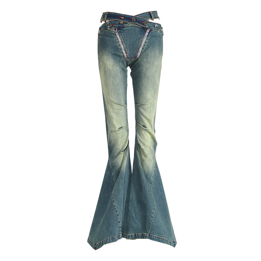 Pantalon à cloche en Denim pour fille, coupe Slim, taille haute, avec patte plissée, tendance