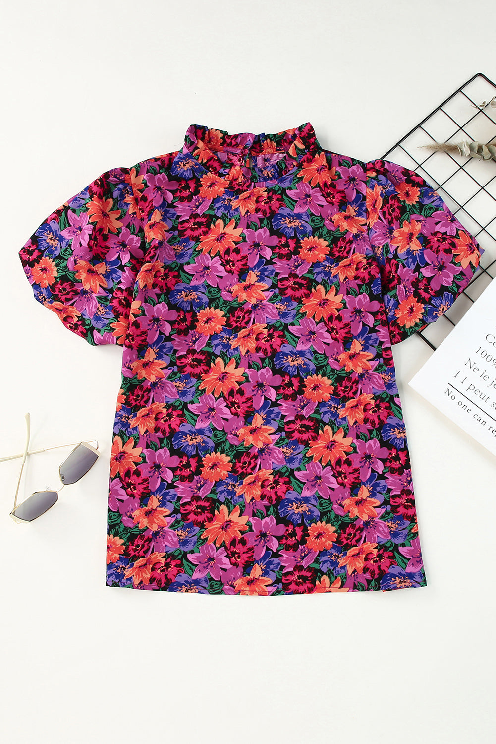 Multicolor Floral Print Round Neck Puff Sleeve Blouse