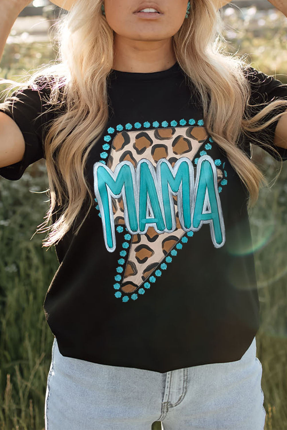 Camiseta informal negra con gráfico aligeramiento de leopardo MAMA