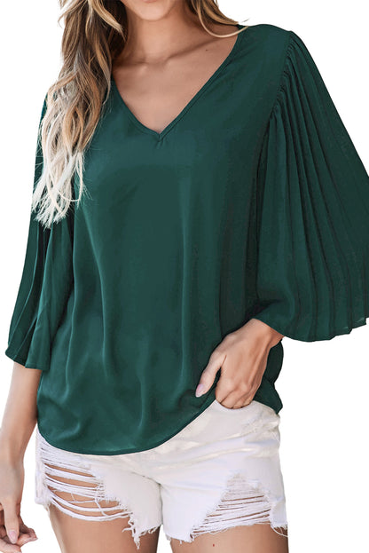 Blusa plisada con cuello en V y mangas acampanadas 3/4 verde negruzco