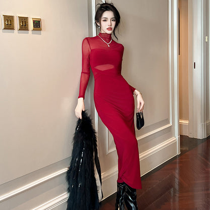 See-through Stitching Slim Fit Slit Dress Base Dress