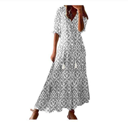 Women's Loose V-neck Bohemian Style Print Dress Mid Waist Long-sleeved Dress