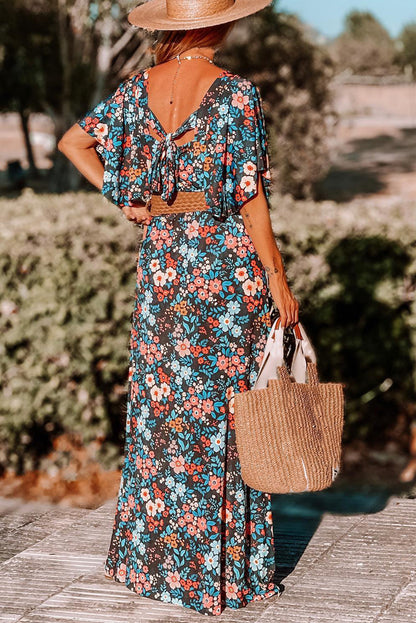 Robe longue dos nu nouée à imprimé floral bohème bleu ciel