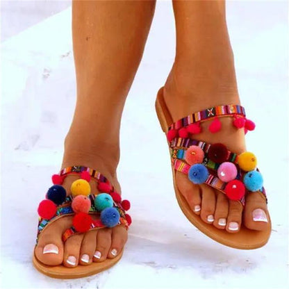 Foreign Trade Flat Toe Pearl Lace Flower Fur Ball Bohemian Beach Flat-heeled Sandals