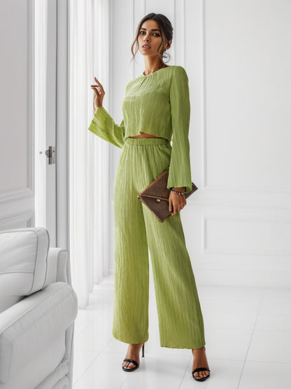 Round Neck Long Sleeve Top and Pants Set