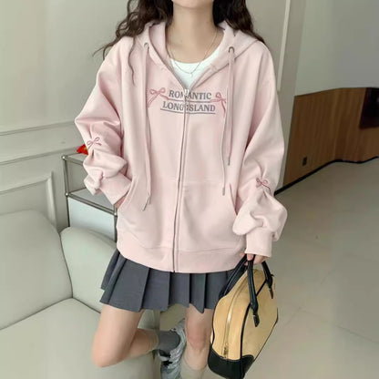 Sweet Style Machine Embroidery Loose Large Zipper Hoodie Coat