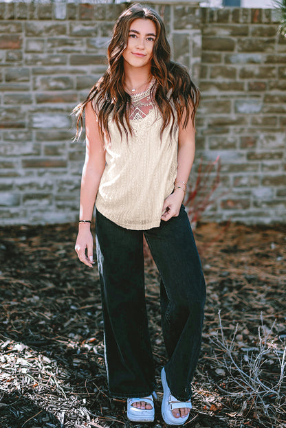 Blusa sin mangas con espalda de cerradura de crochet de encaje de guipur blanco