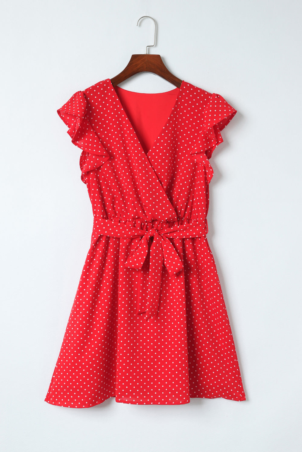 Fiery Red Polka Dot V Neck Ruffle Sleeve Dress