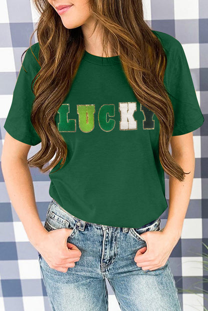 Camiseta verde con cuello redondo y estampado de chenilla con purpurina LUCKY