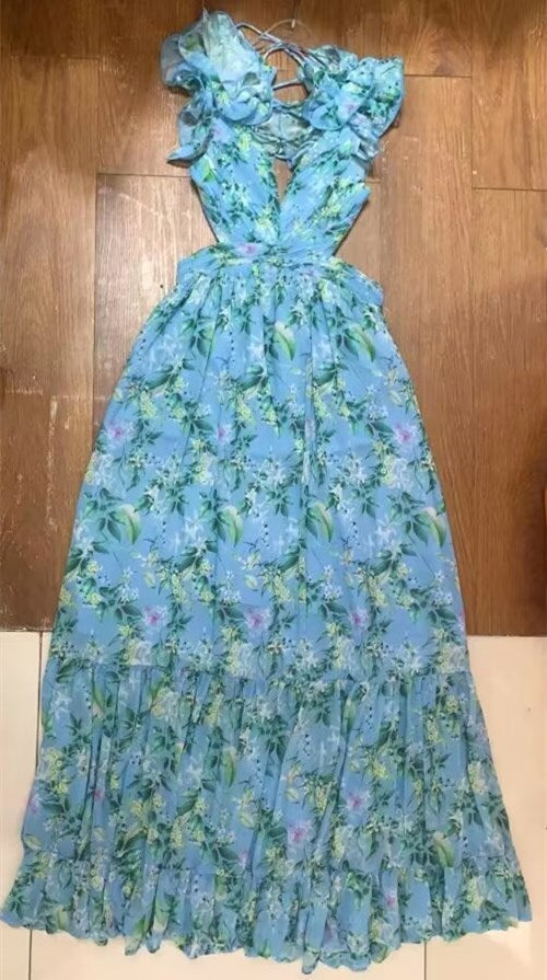 Robe découpée à volants sans manches pour femmes, taille contrôlée, grand ourlet