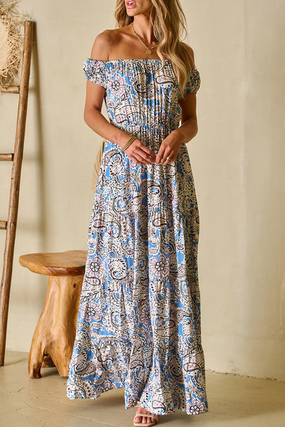 Vestido largo con hombros descubiertos y estampado de cachemira boho azul