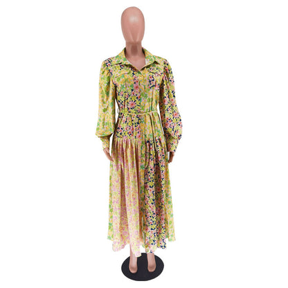 Women's Floral Color Matching Lantern Sleeve Dress