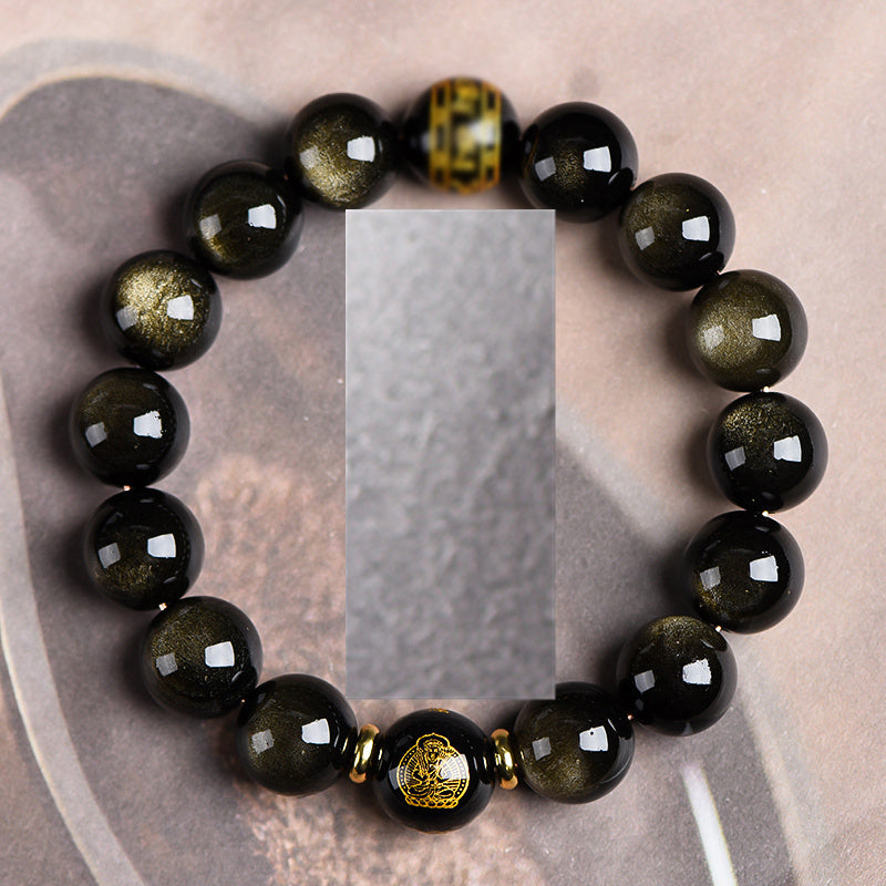 Pulsera Budista del Zodíaco de Obsidiana de Oro