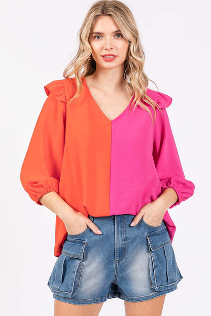 Blusa en contraste con ribete de volantes de tamaño completo GeeGee