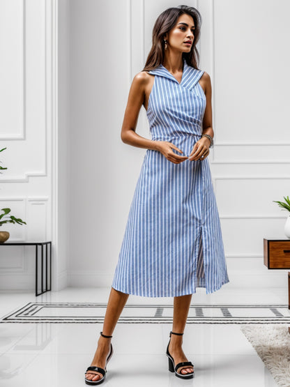 Robe midi rayée sans manches fendue