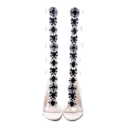 Bottes à talons hauts transparentes à gros strass tendance