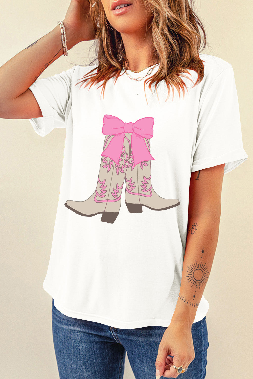 White Casual Boots Bow Graphic Round Neck T Shirt