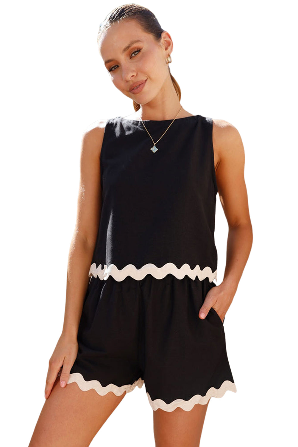 Black Contrast Trim Sleeveless Top and Elastic Waist Shorts Set