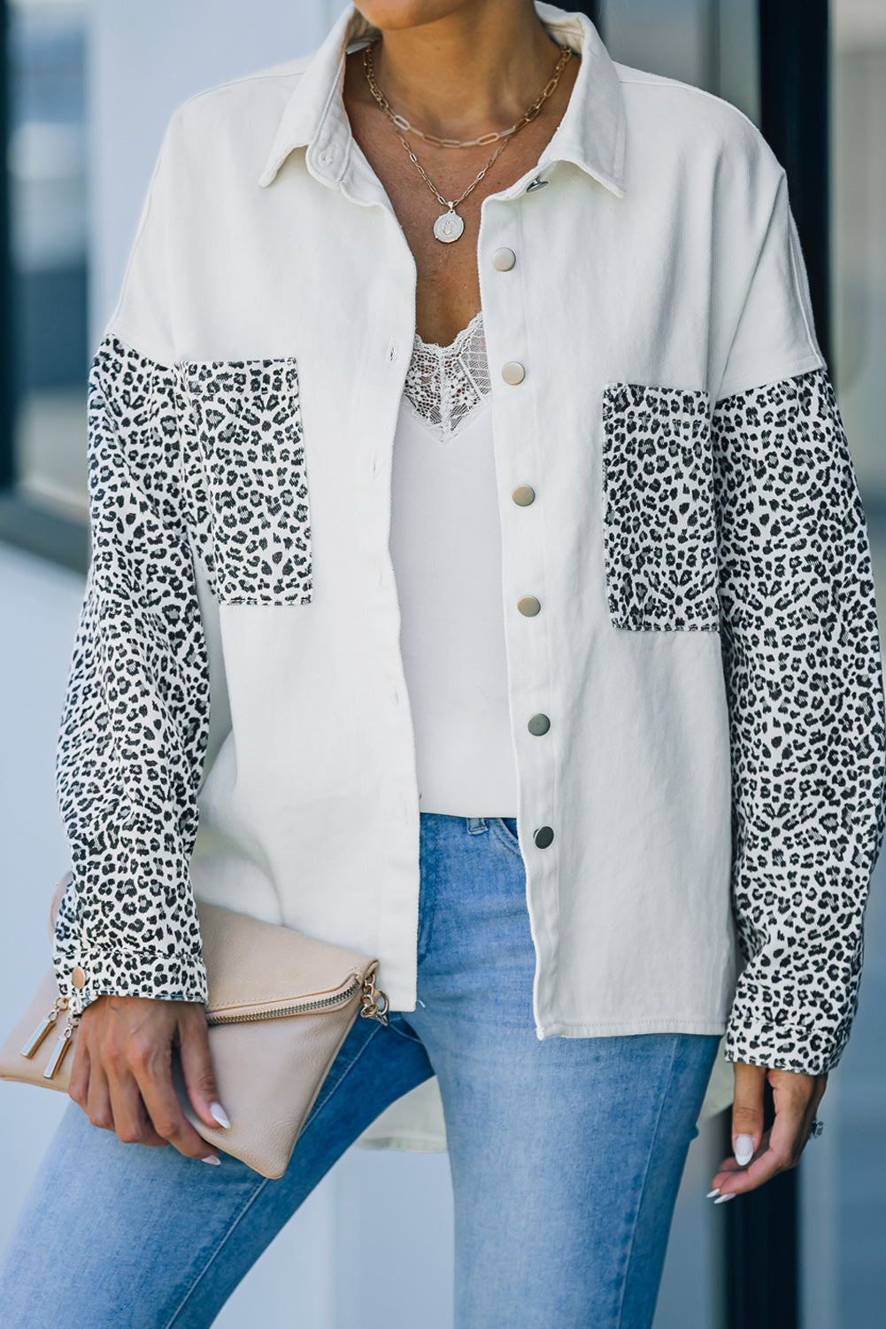 Black Contrast Leopard Denim Jacket