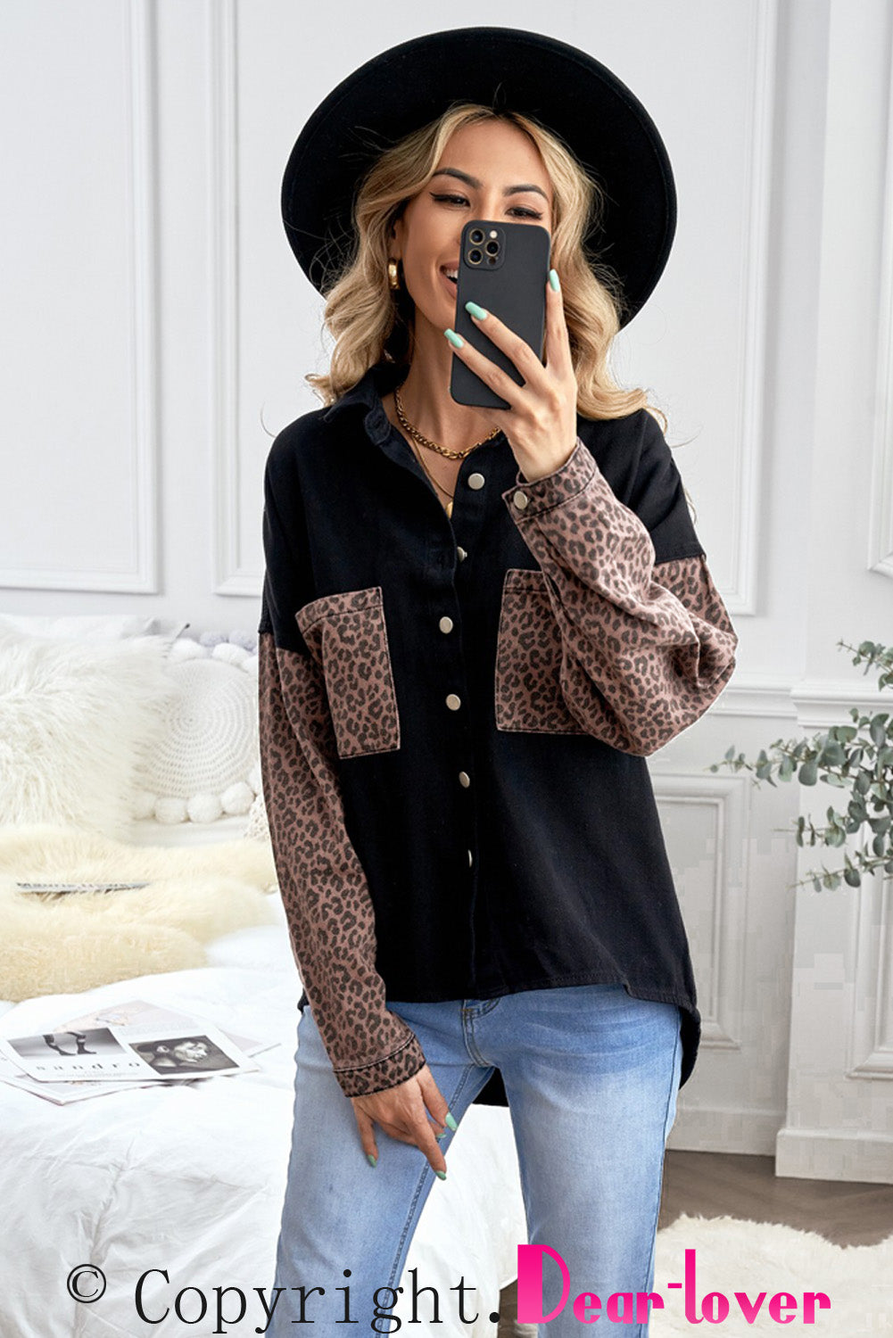 Black Contrast Leopard Denim Jacket