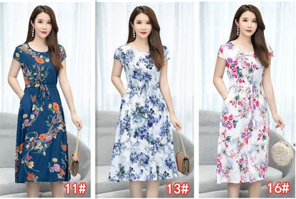 Women's Cotton Silk Short Sleeve Plus Size Slim Floral Dress