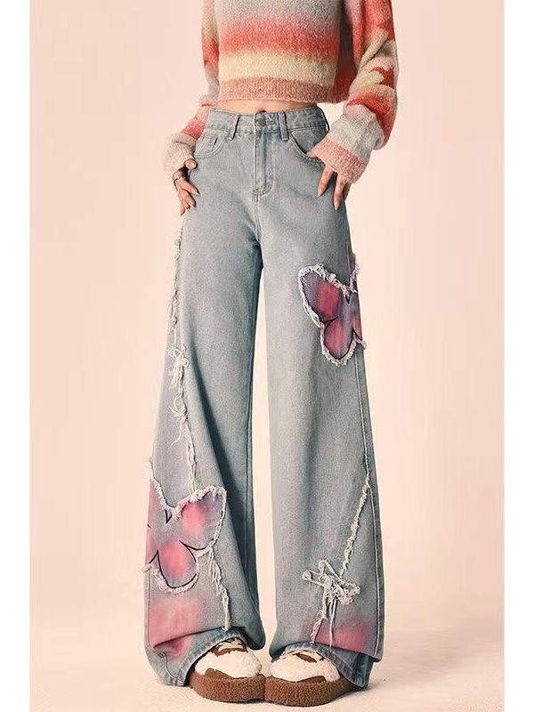 Tie-dyed Butterfly Slightly Spicy Jeans High Waist Slimming