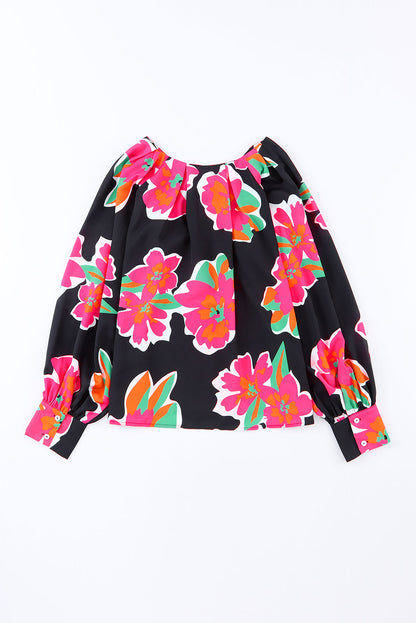 Black Flower Print Puff Sleeve Blouse