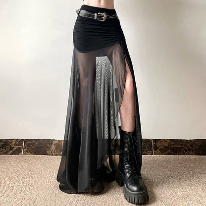 Vestido Largo Plisado Con Abertura Transparente De Malla Negra De Moda