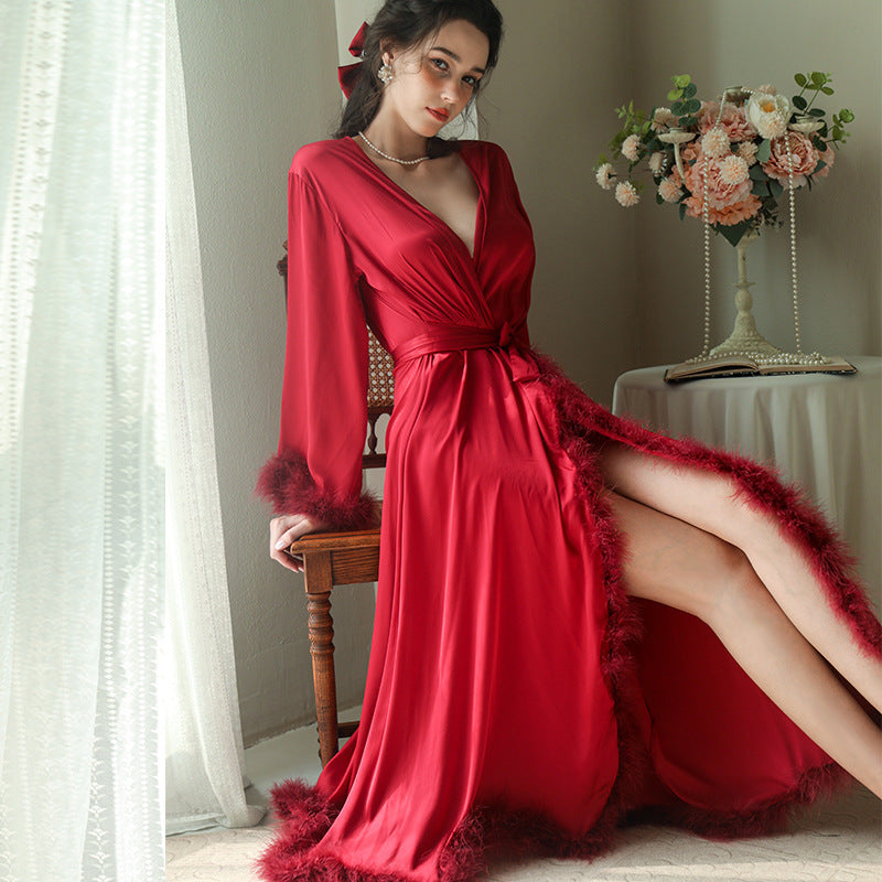 Women's Feather Satin Long Robe