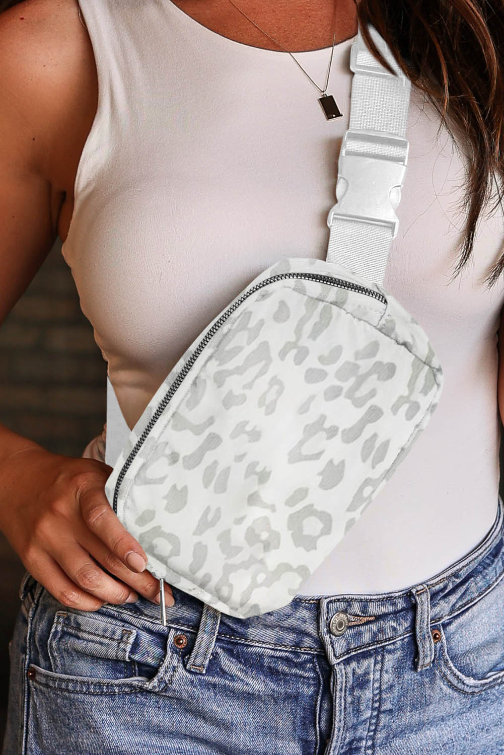 White Leopard Print Buckle Canvas Chest Bag 20*5*14cm