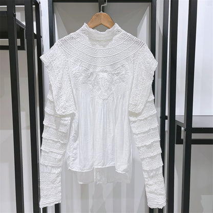 Graceful Stand Collar Lace Patchwork Ruffled Double-sided Shirt