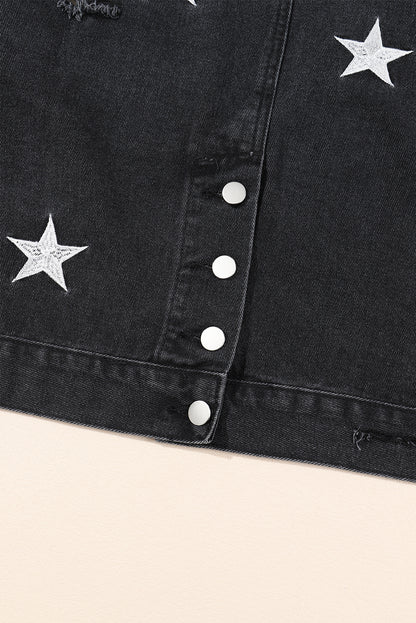 Sky Blue Distressed Pearls Star Cropped Denim Jacket