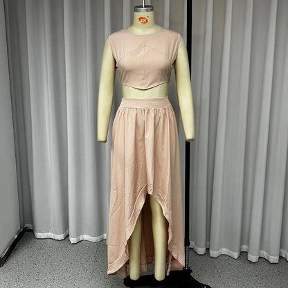 Summer Round Neck Sleeveless Midriff-baring Top High Waist Irregular Skirt Suit