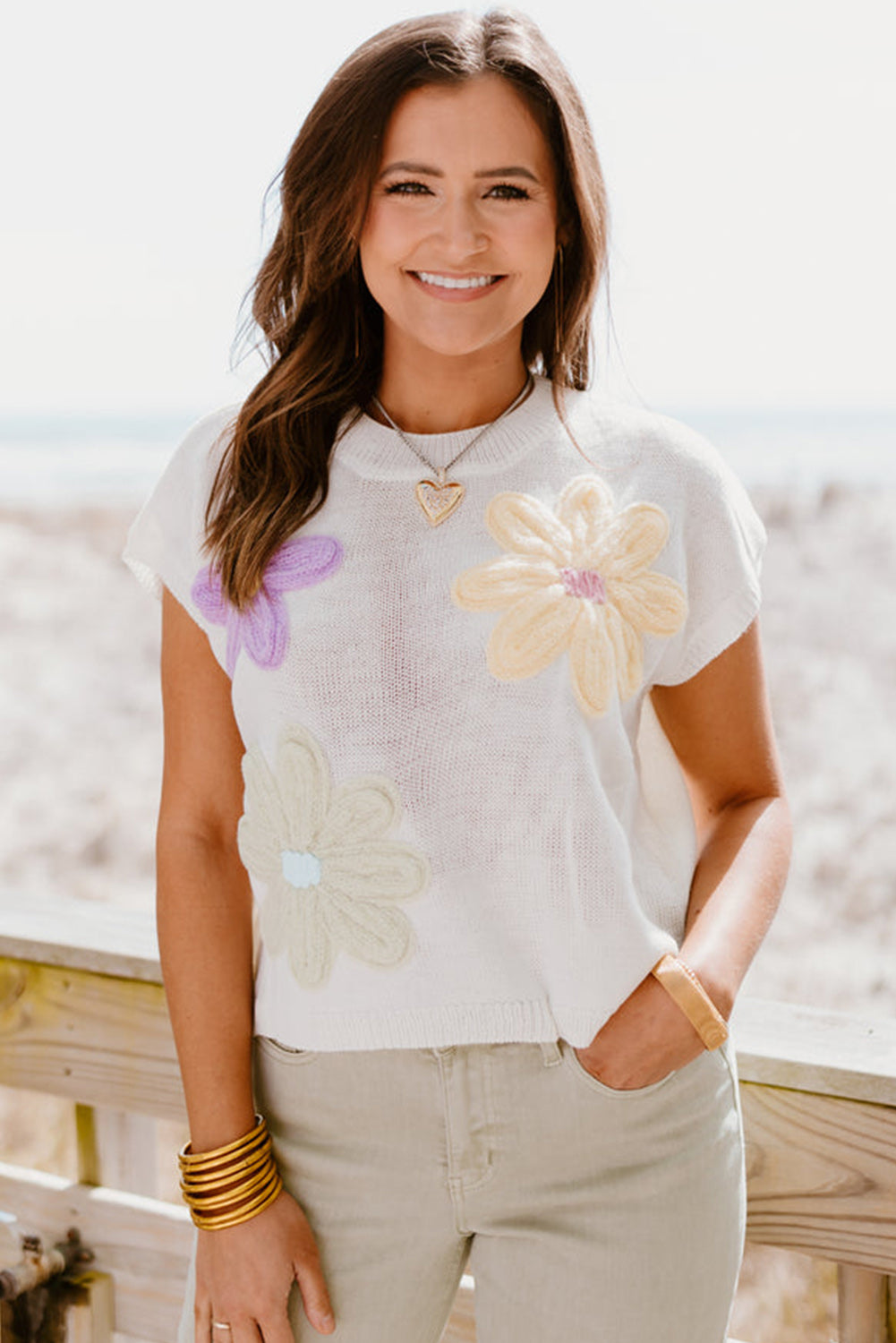 White Flower Short Sleeve Crop Knit Tee