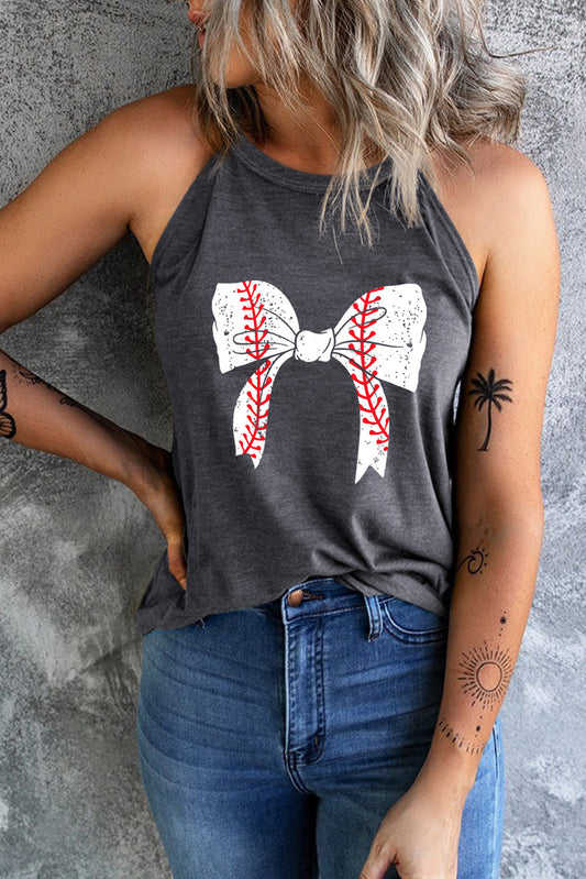 Camiseta sin mangas con cuello halter y estampado de nudo de lazo de béisbol gris