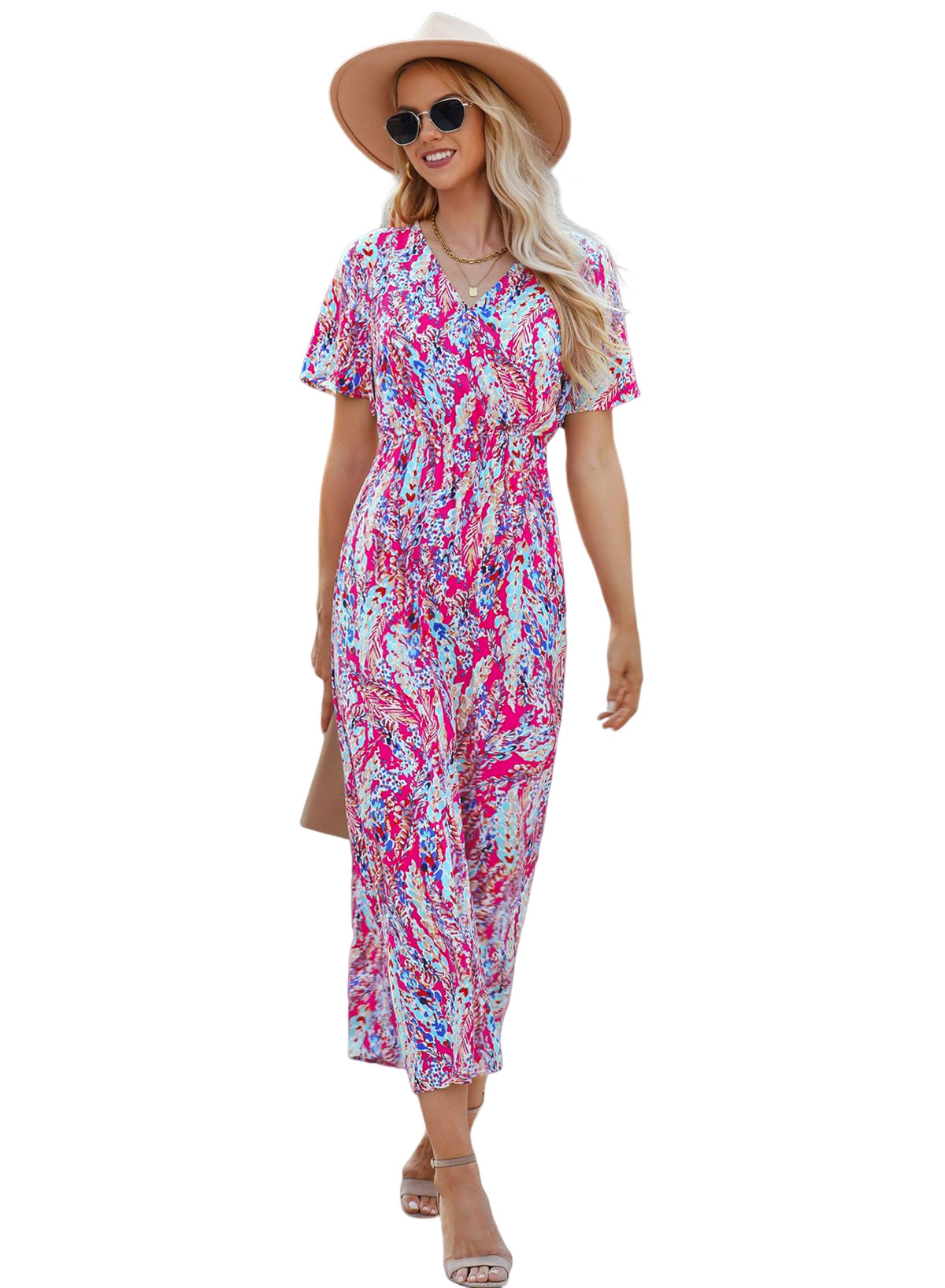 Robe portefeuille longue à manches courtes et col en V, imprimé abstrait Boho Rose, vente en gros